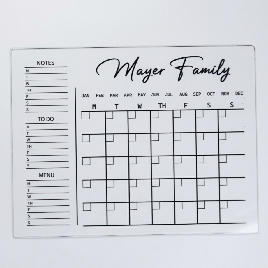 Personalized acrylic weekly family planner board