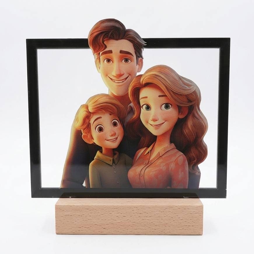 Cartoon family portrait acrylic on LED wooden stand