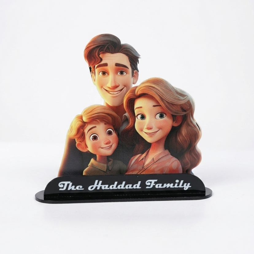 Cartoon family standee with engraved family name base