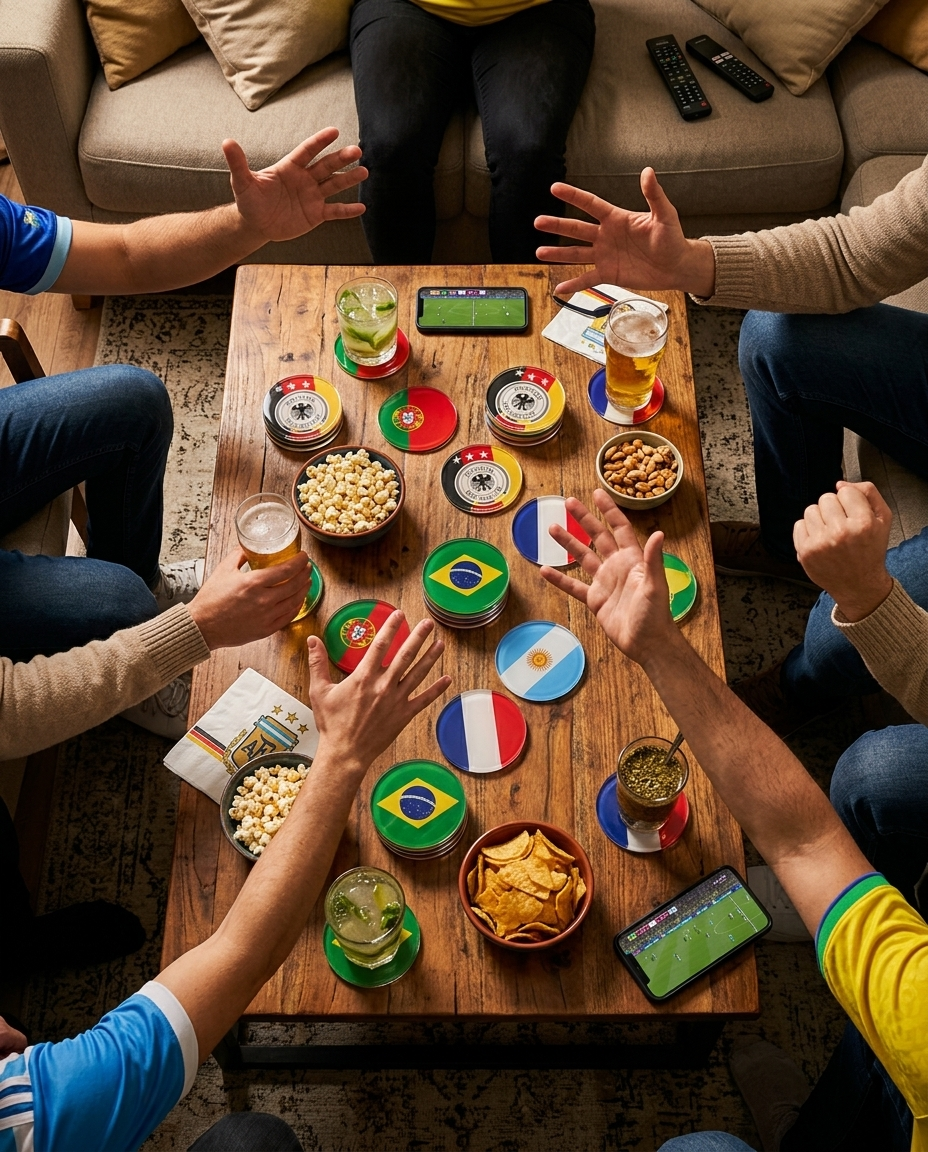 World Cup watch party with flag coasters