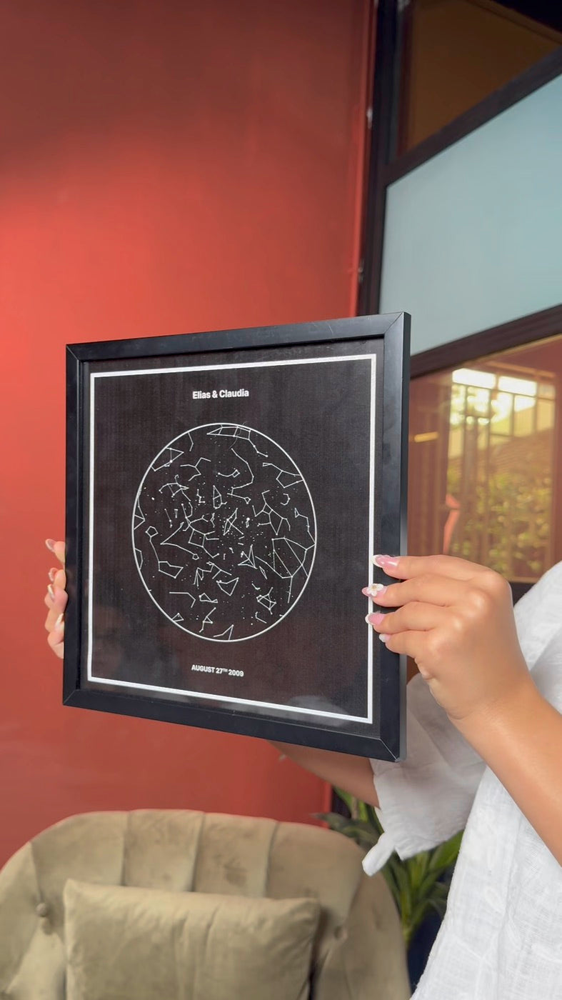 Customer holding framed custom star map