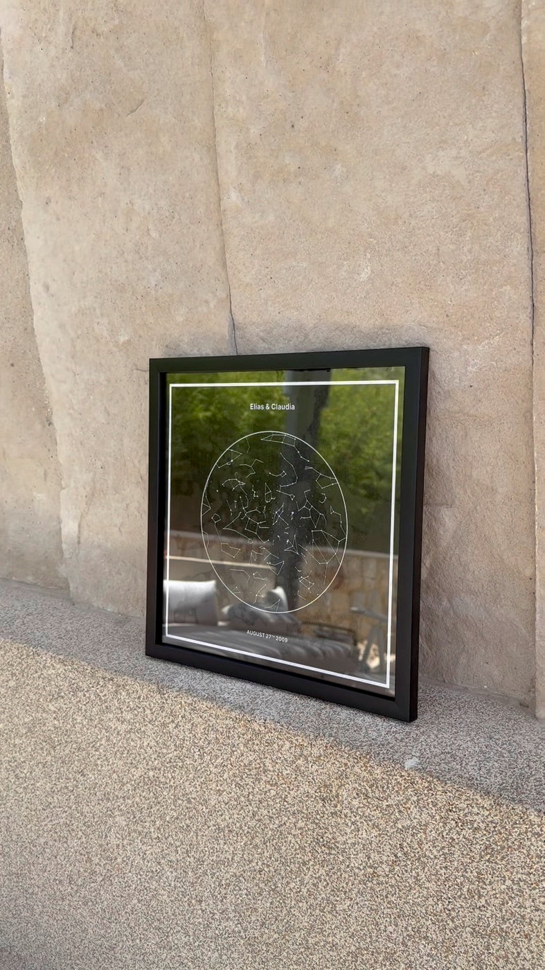 Framed star map styled against a stone wall